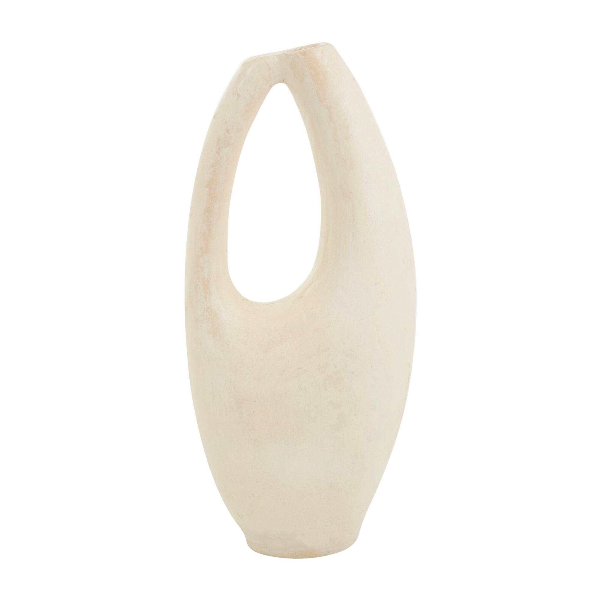 18" Beige Paper Mache Abstract Curved Vase with Handle